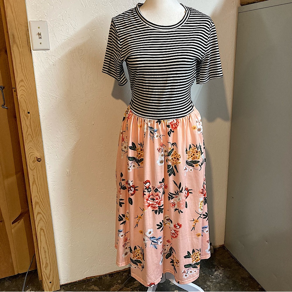 Merokeety Black White Stripe Pink Floral Fit Flare Long/Modest Midi Dress Size S